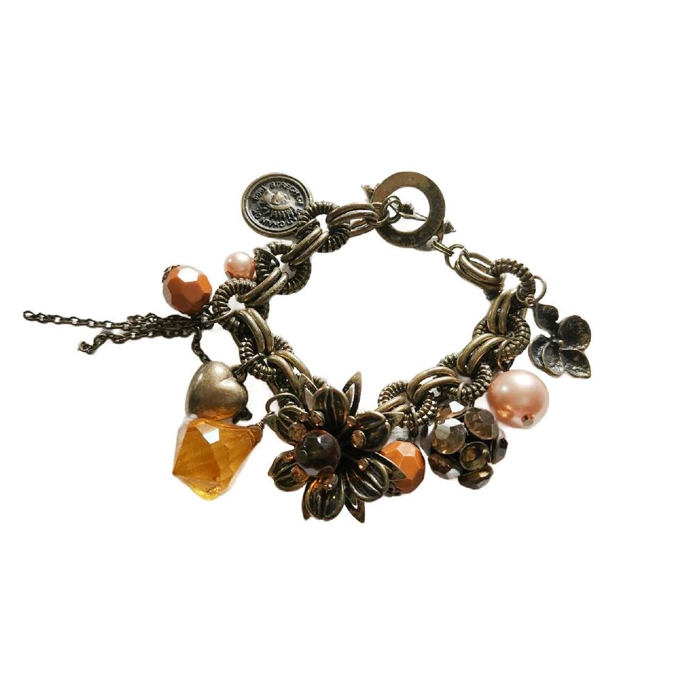 Vintage Chunky Antique Bronze Dangle Charm Bracelet, 7" L